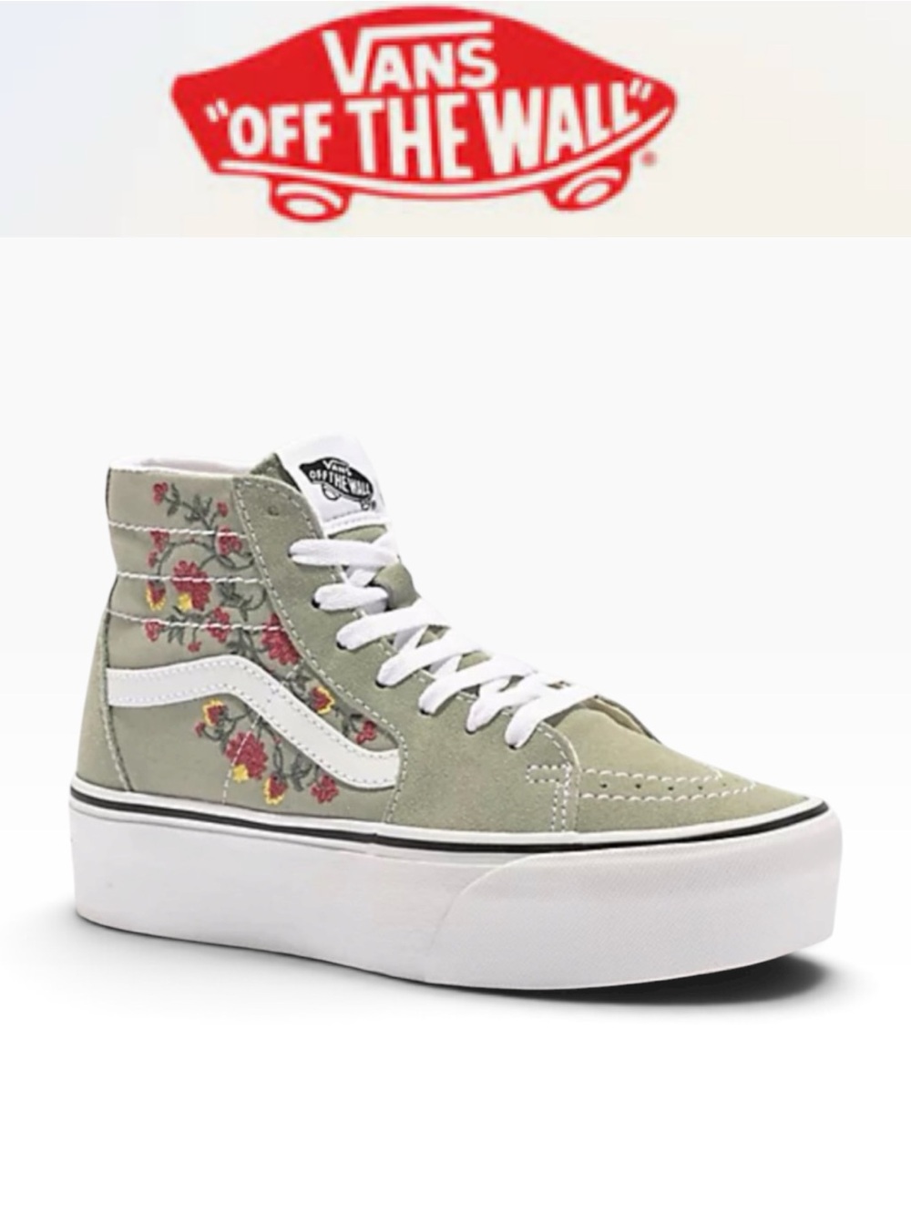 NWT VANS SKATE HI TAPERED FLORAL EMBROIDERED PLATFORM SNEAKERS SAGE GREEN SIZE 8